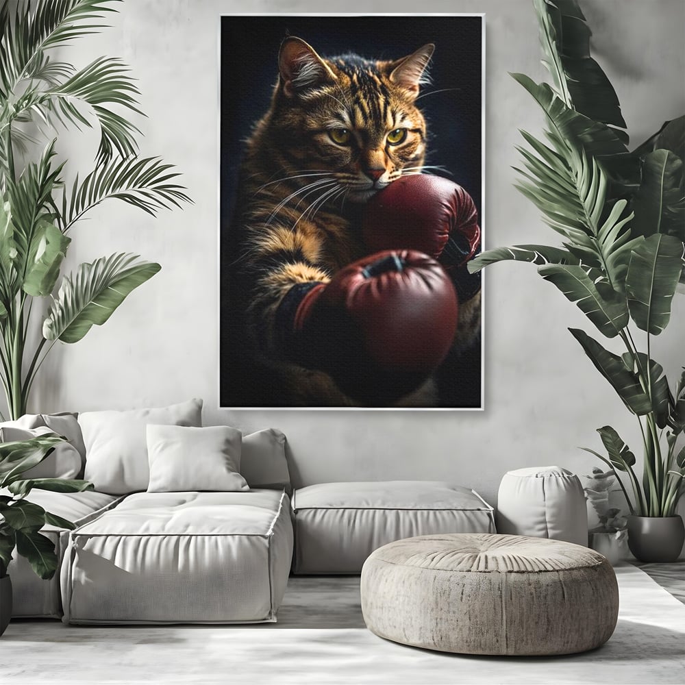 Tablou canvas cu tablou canvas cu motan boxer, in rama de aluminiu argintiu, pe perete intr-un living
